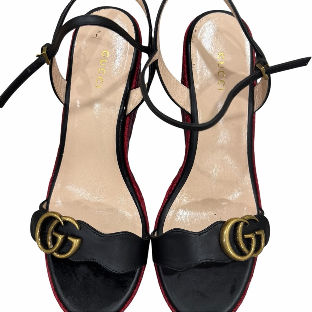 Gucci Lifford Espadrille Platform Sandals GG Marmont Black Red Blue Size 39 - Picture 3 of 10